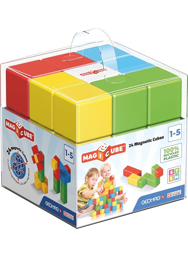 جيوماغ مجموعة بناء ماجيكوب كاملة الألوان، جذع وألعاب مغناطيسية تعليمية، صنع في سويسرا، بلاستيك معاد تدويره بنسبة 100%، ألعاب مفتوحة النهاية، ألعاب بناء، مناسبة للأطفال من عمر سنة فما فوق، 24 قطعة - Image 1