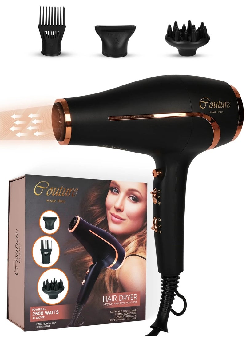 Couture Hair Pro Professional Ionic Hair Dryer 2500 Watts with Powerful Ac Motor - Ultimate Fast Hair Drying  - Image 1