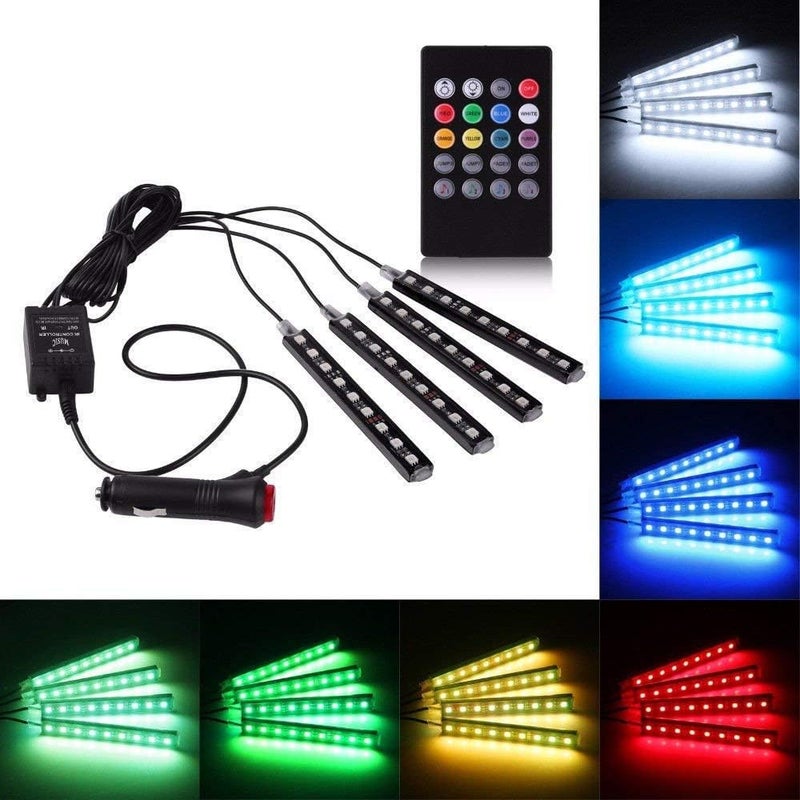 Aksmit Rally R000246 4X 9 LED RGB Car Interior Decorative Light Floor Atmosphere Strip Light Car Under Dash Interior LED Lighting Kit with Sounds Activated Wireless IR Remote Control (6W, Multicolor) - Image 1