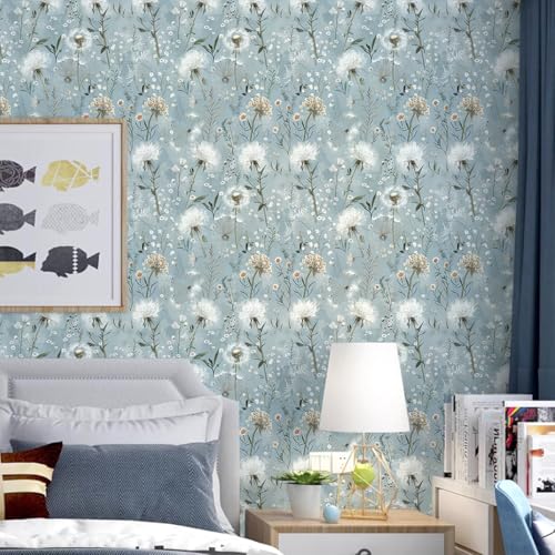 lenify Dandelion Floral Peel and Stick Wallpaper Flower Contact Paper 16.9inch x 118.1inch Vintage Wallpaper Floral Self Adhesive Decorative for Bedroom Blue Flower Removable Wall Paper - Image 3