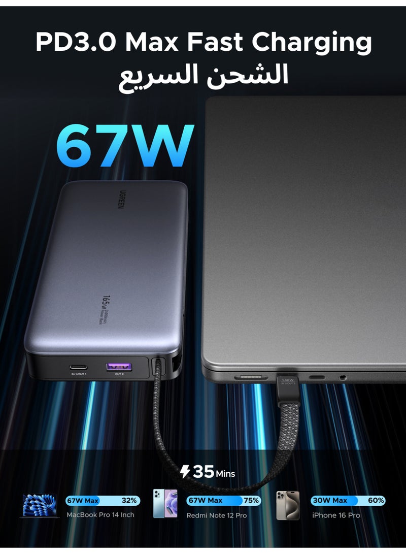 Ugreen 20000mAh 67W Fast Charging 2C1A Power Bank, Two-Way Cable, PD/SCP/UFCS Compatible, Airline-Friendly, Xiaomi 67W Turbo Charge Supported, for Samsung S26/25, iPhone 17/16/15/14, Huawei P60/Mate 60, iPad, MacBook, Portable-Silver 20000mah 67W - Image 2