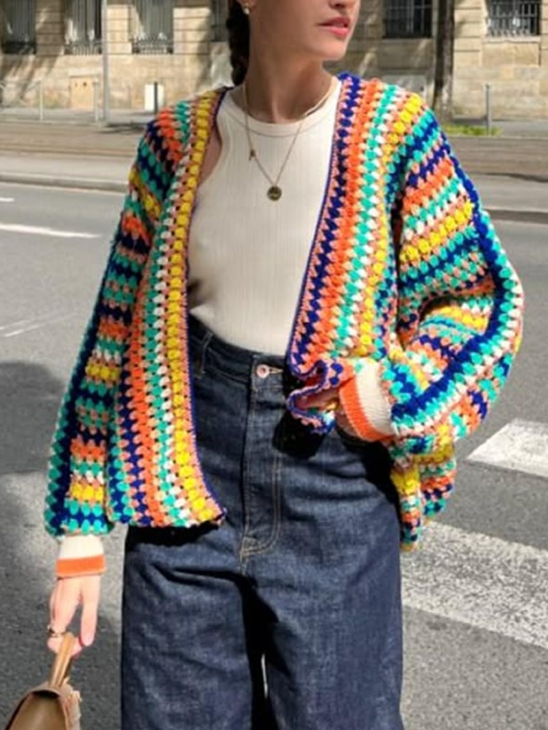 HOULENGS Women's Rainbow Cardigan Sweater Open Front Long Sleeve Boho Colorful Crochet Sweater Coat Fall Winter Outerwear Colourful One Size - Image 3