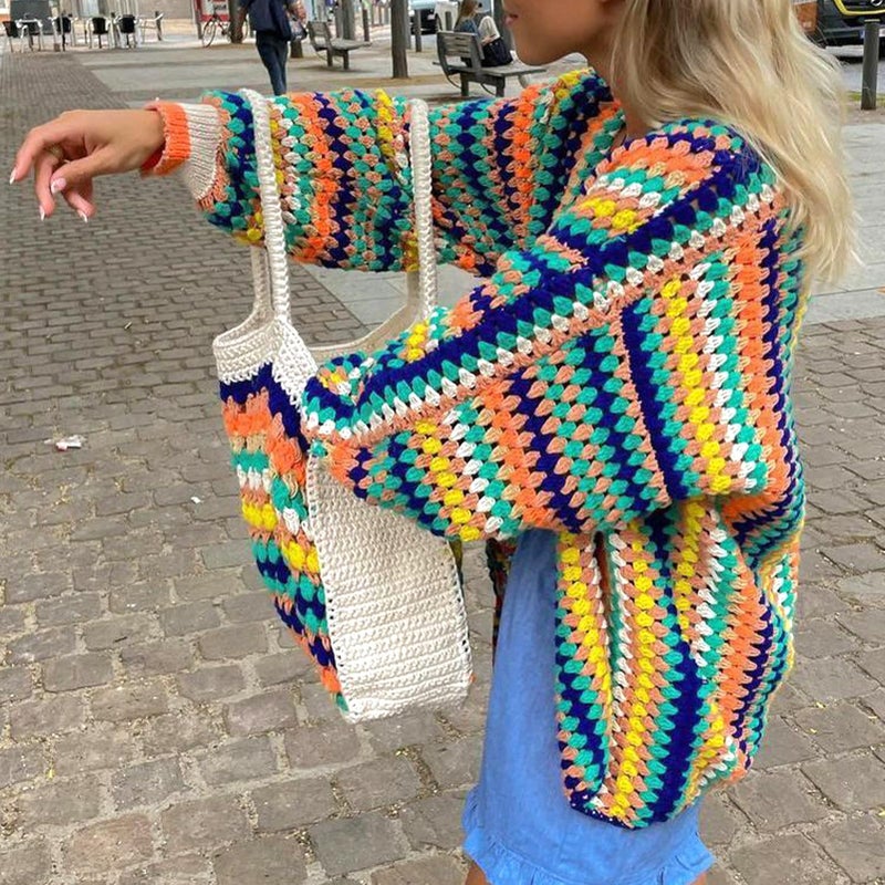 HOULENGS Women's Rainbow Cardigan Sweater Open Front Long Sleeve Boho Colorful Crochet Sweater Coat Fall Winter Outerwear Colourful One Size - Image 4