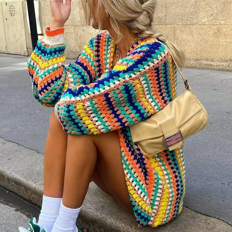 HOULENGS Women's Rainbow Cardigan Sweater Open Front Long Sleeve Boho Colorful Crochet Sweater Coat Fall Winter Outerwear Colourful One Size - Image 5