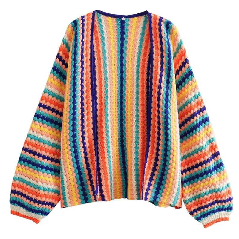 HOULENGS Women's Rainbow Cardigan Sweater Open Front Long Sleeve Boho Colorful Crochet Sweater Coat Fall Winter Outerwear Colourful One Size - Image 1