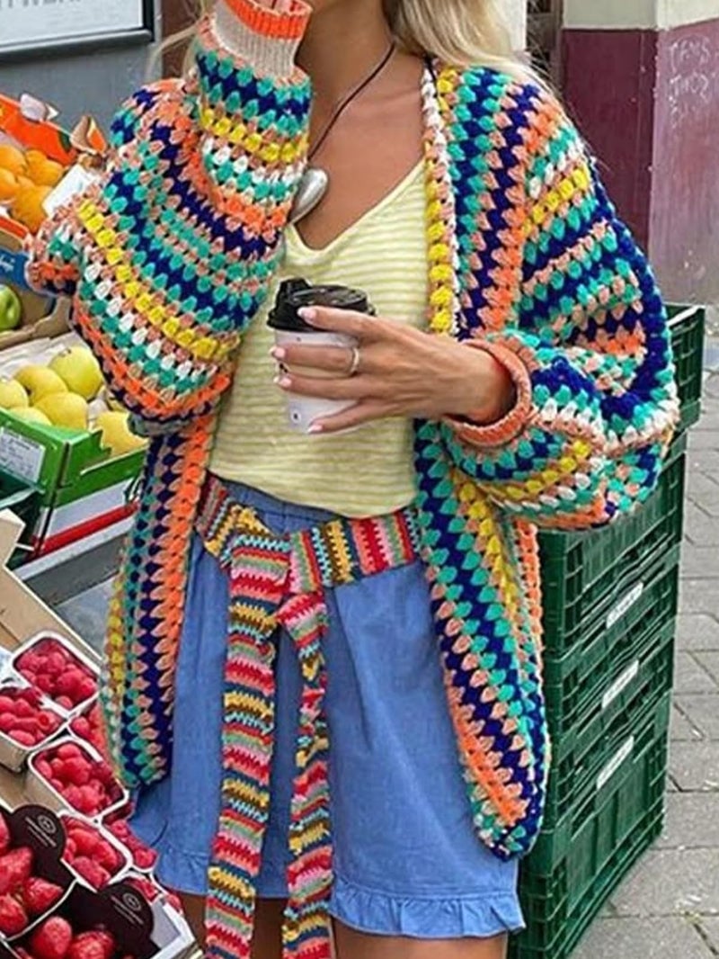HOULENGS Women's Rainbow Cardigan Sweater Open Front Long Sleeve Boho Colorful Crochet Sweater Coat Fall Winter Outerwear Colourful One Size - Image 2