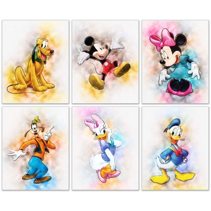 MICKEY MOUSE ORIGINAL WATERCOLOR PRINTS SET OF 6 WALL ART PRINTS FOR KIDS ROOM WALL DECOR 8 X 10 INCH MINNIE DONALD DAISY DUCK PLUTO GOOFY