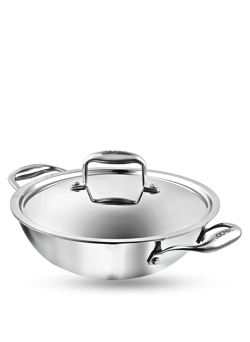 Vinod Platinum Triply Stainless Steel Kadai with Lid - 28 cm, 3.7 L, Silver (Induction Friendly) - Image 1