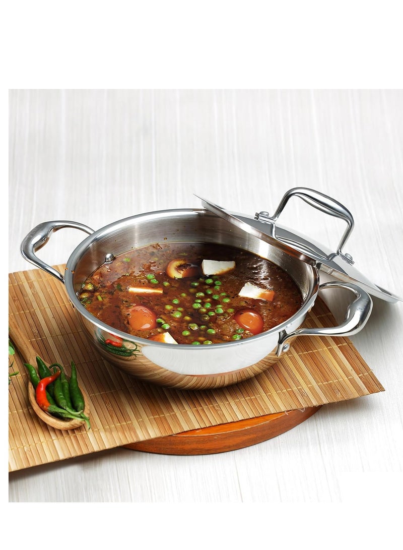 Vinod Platinum Triply Stainless Steel Kadai with Lid - 28 cm, 3.7 L, Silver (Induction Friendly) - Image 2