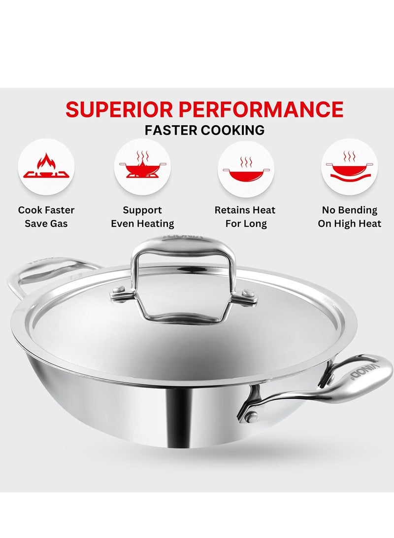 Vinod Platinum Triply Stainless Steel Kadai with Lid - 28 cm, 3.7 L, Silver (Induction Friendly) - Image 4