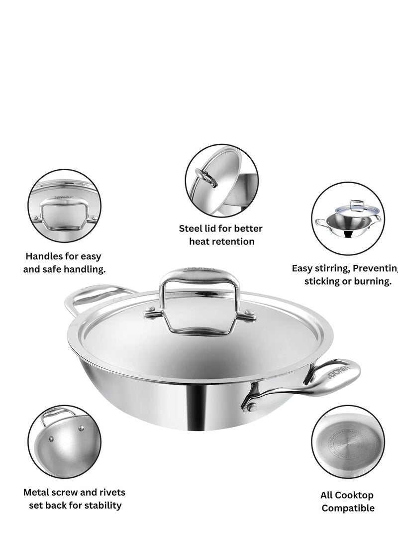 Vinod Platinum Triply Stainless Steel Kadai with Lid - 28 cm, 3.7 L, Silver (Induction Friendly) - Image 5