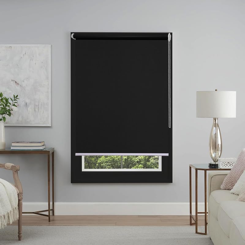 GREEN DECOR -Roller Blinds 300 GSM Polyester Fabric Waterproof & Sun Blockage Corded Roll Up and Down Blinds Curtains for Window, Door, Balcony (Black Color 2 X 4.5 Feet, Pack of 1 Piece) - Image 1