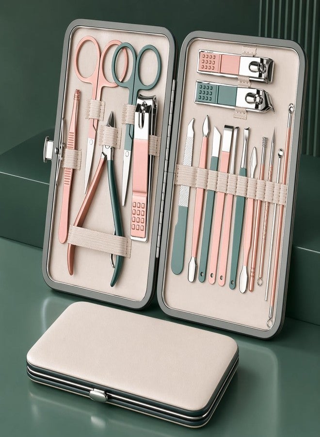 FALSHRUTI 18 in1 Manicure Pedicure Kit Manicure Set Women Professional Stainless Steel Pedicure Nail Clipper Tools Aceoce Travel Luxury 18 in 1 With Grooming Travel Leather (Multicolor) - Image 3