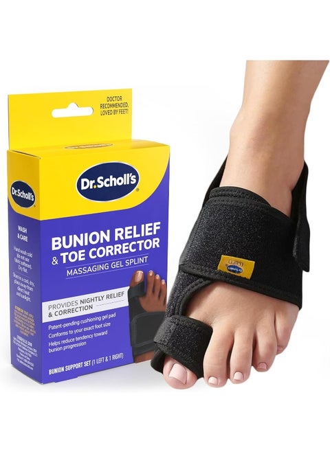 Dr. Scholl's Bunion Relief & Toe Corrector // Massaging Gel Bunion Splint & Big Toe Straightener - Bunion Corrector for Women & Men - Bunion Pads for Bunion Relief, 1 support set (left & right)