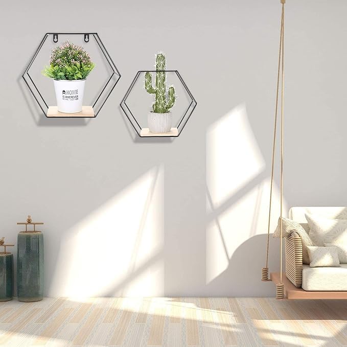 Mixen MIXEN Hexagonal Geometric Iron Grid Wall Shelf Fashion Hanging Figure Decoration for Living Room Storage Frame Floating Shelves Display Shelving Mounted Metal Rack Wire Basket  - Image 2