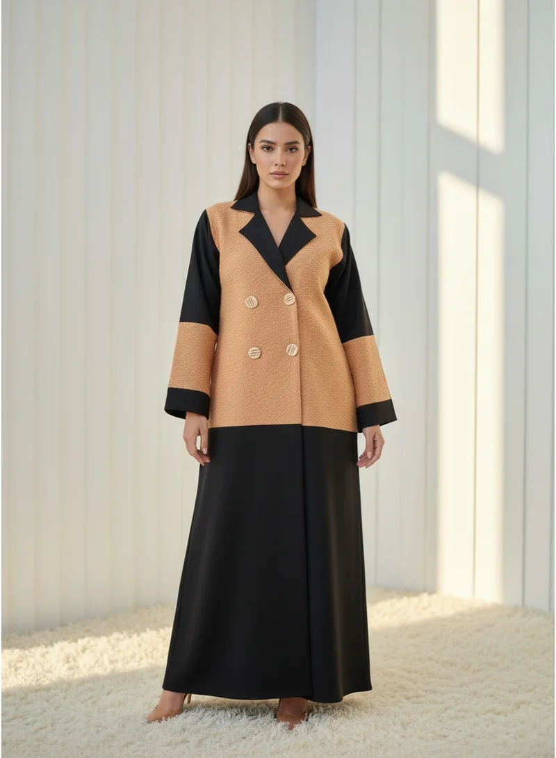مويستريت Premium heavyweight wool-textured front panels paired with smooth, fluid crepe sleeves and lower hem