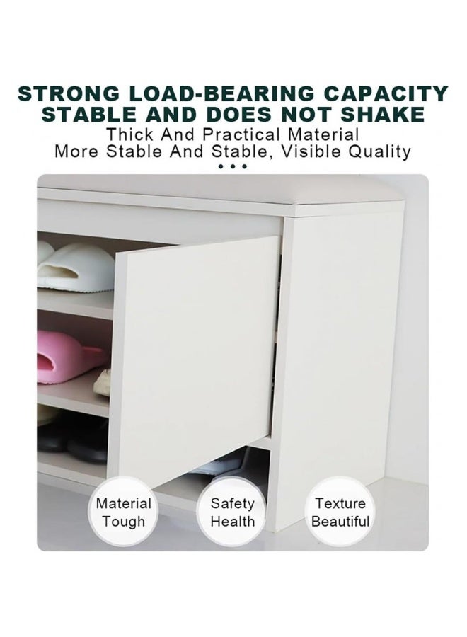 اليسا مقعد خزانة أحذية 3 في 1 للمدخل - مقعد قابل للطي مع مساحة تخزين مخفية، خزائن بثلاثة أبواب مع أرفف قابلة للإزالة، منظم صغير الحجم مع مقعد مبطن - لمسة نهائية بيضاء عصرية - Image 4