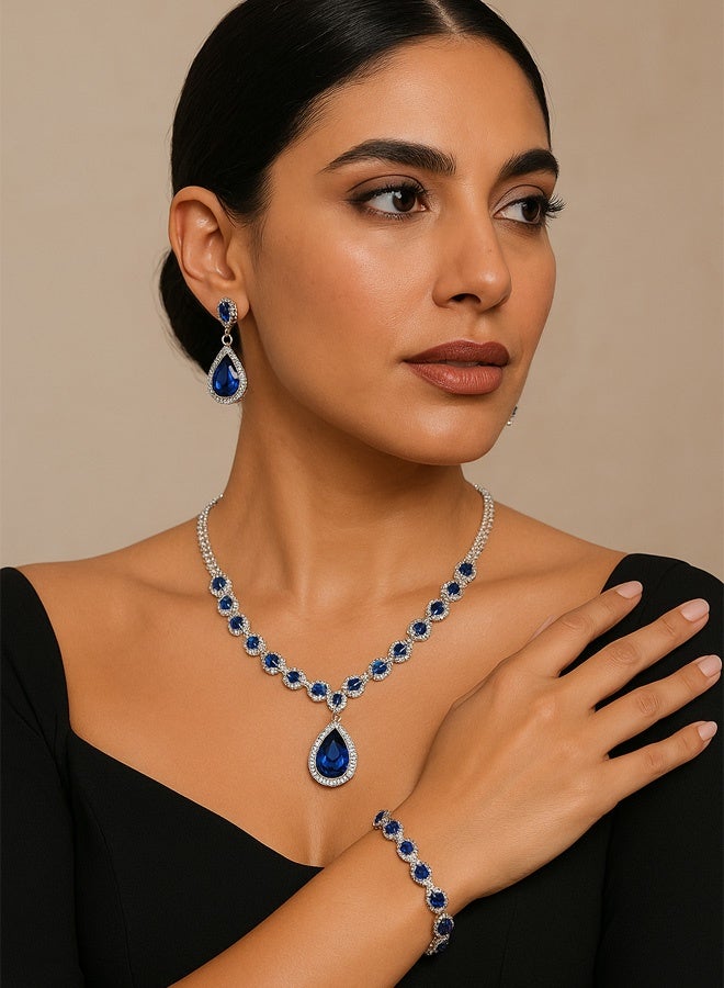 الهلياجيم العربية: أناقة فرنسية: طقم اكسسوار فضي 3 قطع (كوليه فضه، أقراط، سوار) | فضي اكسسوار متألق للنساء - Image 4