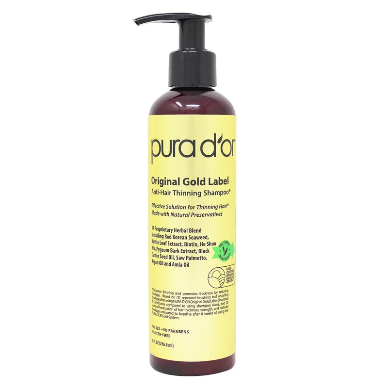 PURA D'OR 8 Oz Original Gold Label Anti-Thinning Biotin Shampoo Natural Earthy Scent, CLINICALLY TESTED Effective Results, Herbal Blend Hair Thickening Products, Women & Men, Color Treated Hair - Image 1