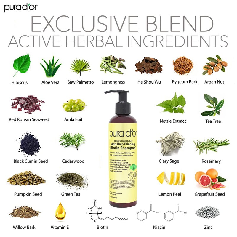 PURA D'OR 8 Oz Original Gold Label Anti-Thinning Biotin Shampoo Natural Earthy Scent, CLINICALLY TESTED Effective Results, Herbal Blend Hair Thickening Products, Women & Men, Color Treated Hair - Image 3