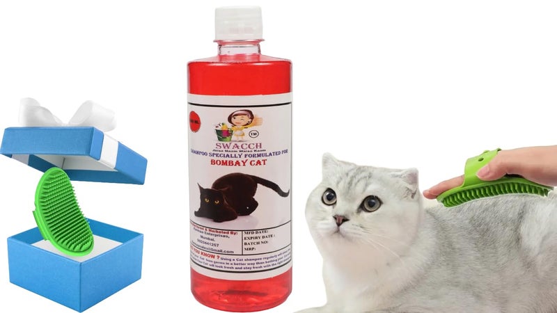 Swacch Bombay Cat Shampoo -500ml (Jasmine) + Bath Brush with Adjustable Straps Combo Pack - Image 1