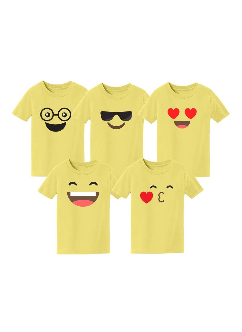 PRINTSHOP4ME - Pack of 5 Kids Yellow Smiley Face T-Shirts - Kids Unisex Round Neck Cotton Short Sleeve Tees - Soft and Comfortable Emoji T-Shirts for Kids - Image 1