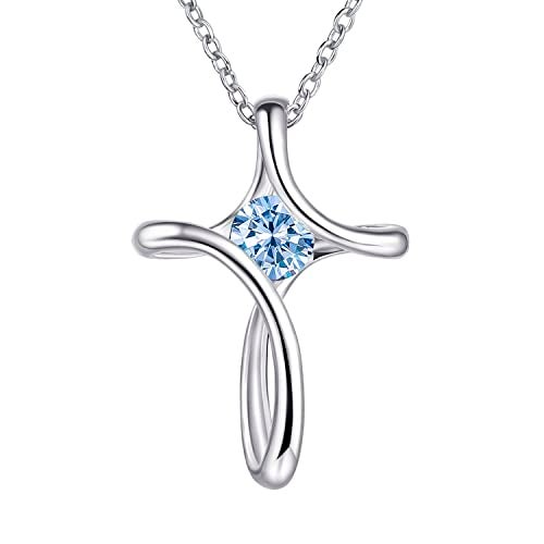 NINAMAID Cross Necklace for Women 925 Sterling Silver Birthstone Necklaces for Women with Diamond Sideways Birthstone Jewelry Gifts for Women - Image 1