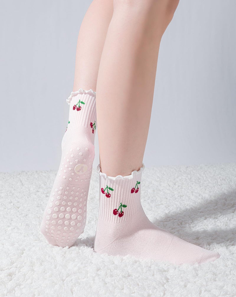 Yawlsow Cute Pilates Grip Socks (US, Alpha, One Size, Regular, Regular, 1 Pack-Cherry) - Image 2