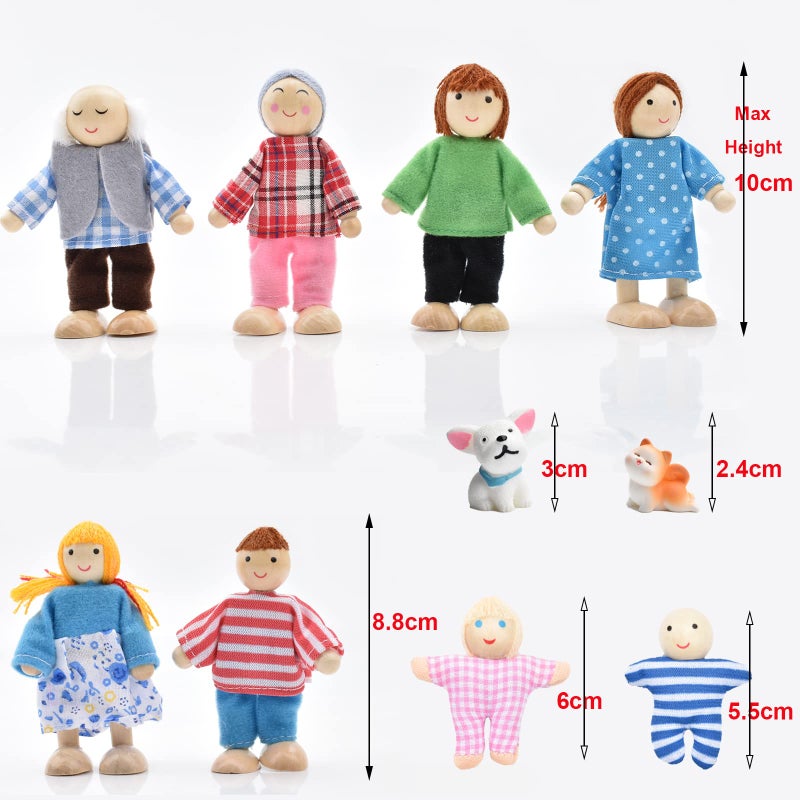 PUCKWAY Wooden Dollhouse People Family Set with Cat and Dog, Dolls House Figures for Pretend Dollhouse Accessories Gift - Image 2