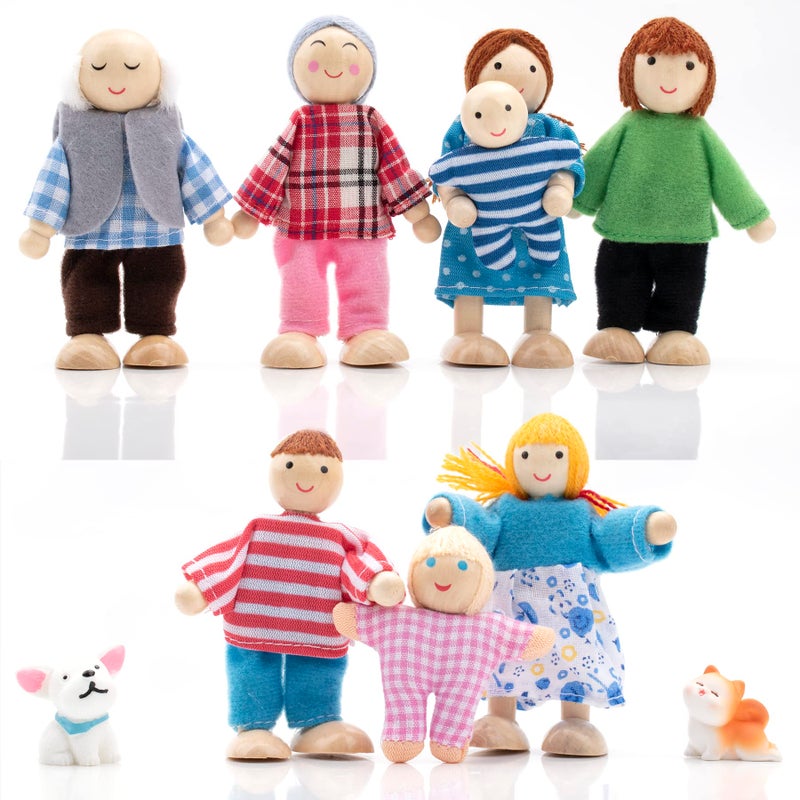 PUCKWAY Wooden Dollhouse People Family Set with Cat and Dog, Dolls House Figures for Pretend Dollhouse Accessories Gift - Image 1