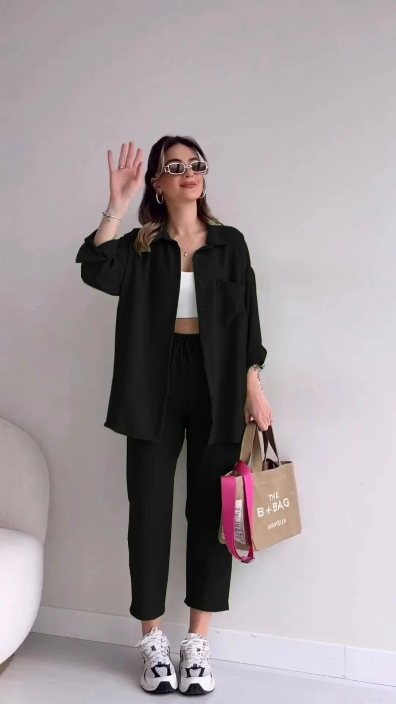 Barbora Linen Casual Two Piece Suit Pants Shirt LN21SIYAH15