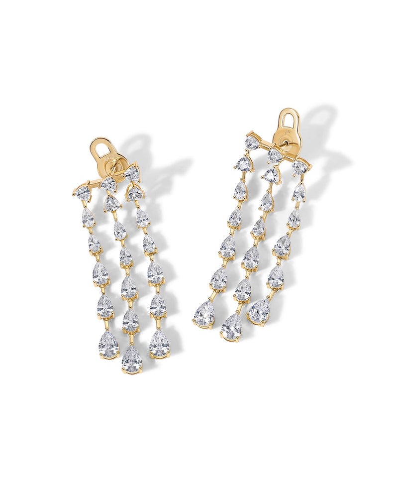 PAVOI 14K Yellow Gold Plated Cubic Zirconia Dangle Earrings for Women - Crystal Long Bridal Drop Earrings - Hypoallergenic 3 Linear Row Pear Simulated Diamond Dangle Wedding Jewelry for Brides & Bridesmaid - Image 3
