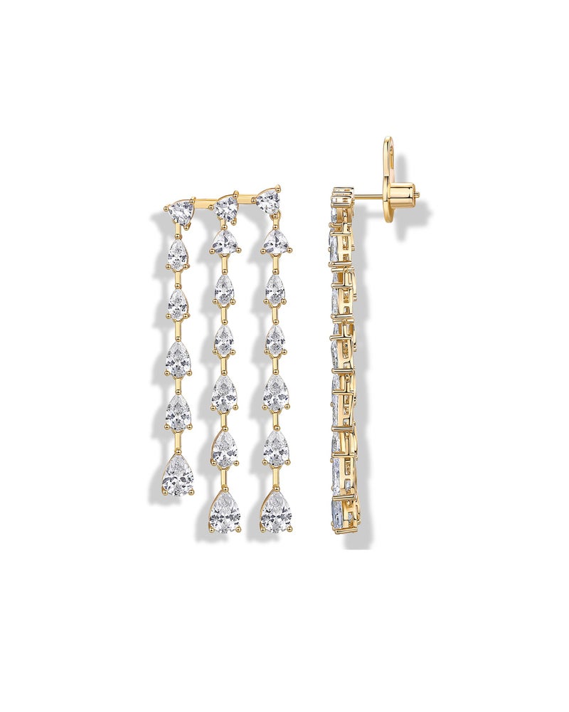 PAVOI 14K Yellow Gold Plated Cubic Zirconia Dangle Earrings for Women - Crystal Long Bridal Drop Earrings - Hypoallergenic 3 Linear Row Pear Simulated Diamond Dangle Wedding Jewelry for Brides & Bridesmaid - Image 1