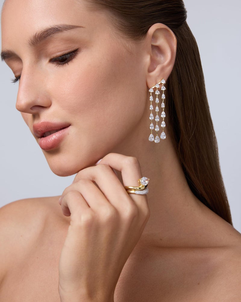 PAVOI 14K Yellow Gold Plated Cubic Zirconia Dangle Earrings for Women - Crystal Long Bridal Drop Earrings - Hypoallergenic 3 Linear Row Pear Simulated Diamond Dangle Wedding Jewelry for Brides & Bridesmaid - Image 4