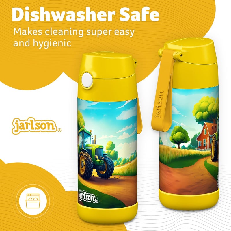 Jarlson قارورة ترمس أطفال جارلسون شارلي 350 مل [مع قشة] – قارورة فولاذية مقاومة للصدأ – ترمس للأطفال والبنات – تحافظ على البرودة – خالية من BPA – مثالية للمدرسة والرياضة والسفر (جرار) - Image 3
