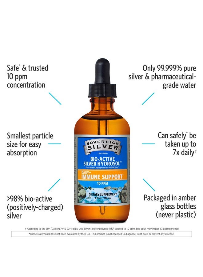 سوفرين سيلفر Sovereign Silver Immune Support - مكمل غذائي معدني من الفضة الغروية - محلول الفضة الحيوي السائل - 10 جزء في المليون - قطارة 4 أونصات (118 مل)
