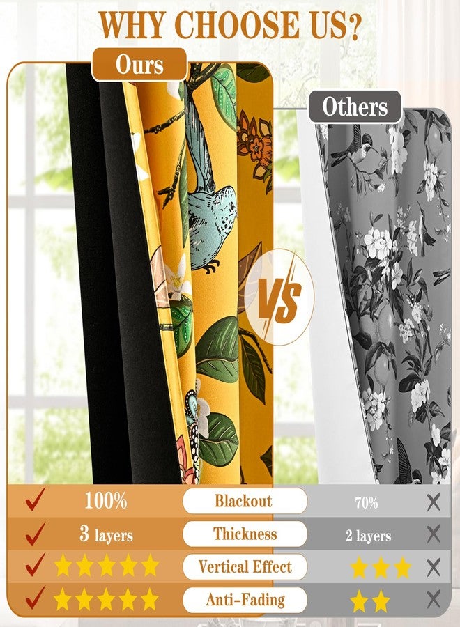 FRAMICS 100% Blackout Curtains for Bedroom Vintage Yellow Floral Curtains for Living Room 84 Inches Long, Luxury Patterned Curtain Lemon Hummingbird Grommet Thermal Insulated Drapes, 2 Panels - Image 4