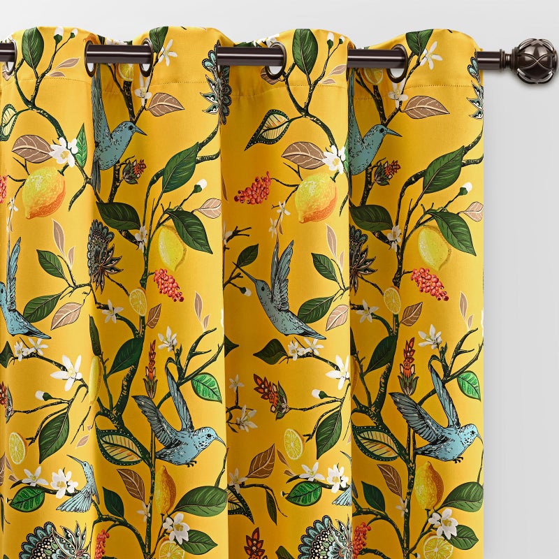 FRAMICS 100% Blackout Curtains for Bedroom Vintage Yellow Floral Curtains for Living Room 84 Inches Long, Luxury Patterned Curtain Lemon Hummingbird Grommet Thermal Insulated Drapes, 2 Panels - Image 1