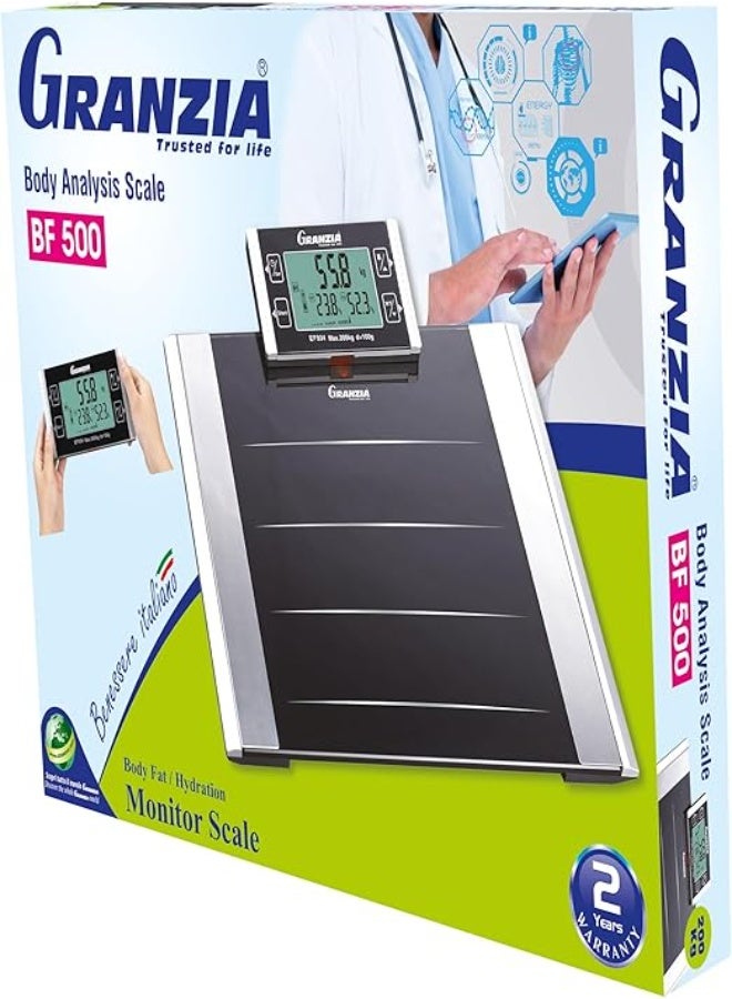  جرانزيا ميزان شخصي رقمي جرانزيا – قياس نسبة الدهون في الجسم، العضلات، الماء والوزن حتى 200 كجم، شاشة متعددة الألوان، موديل BF-500 - Image 1