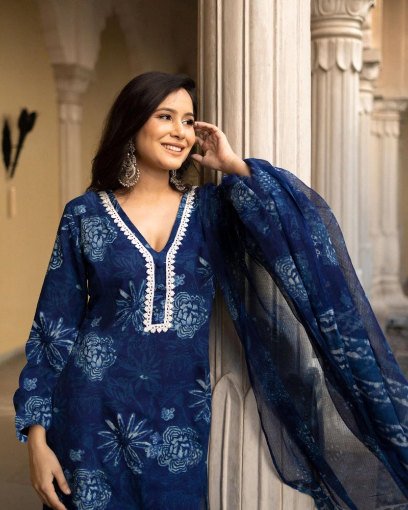 ANNI Designer Women's Rayon Viscose Printed Straight Kurta with Pant & Dupatta (MURGAN Blue_L_Blue_Large) - Image 2