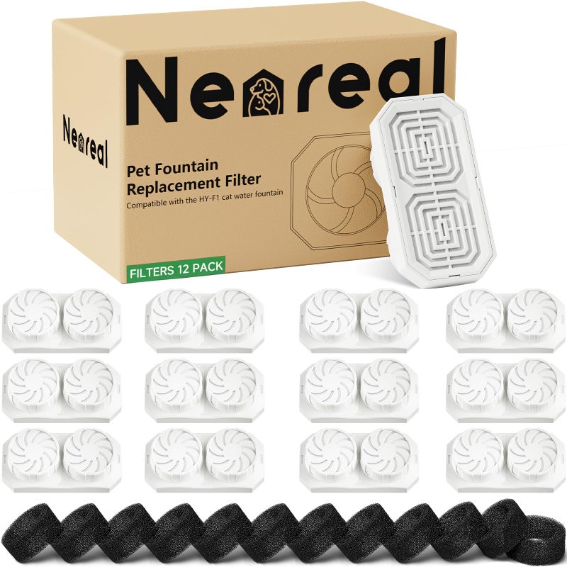 Neareal Official 12-Pack Replacement Filters and Pre-Filter Sponges for 108 oz / 3.2 L Stainless Steel Cat Water Fountain - Image 1
