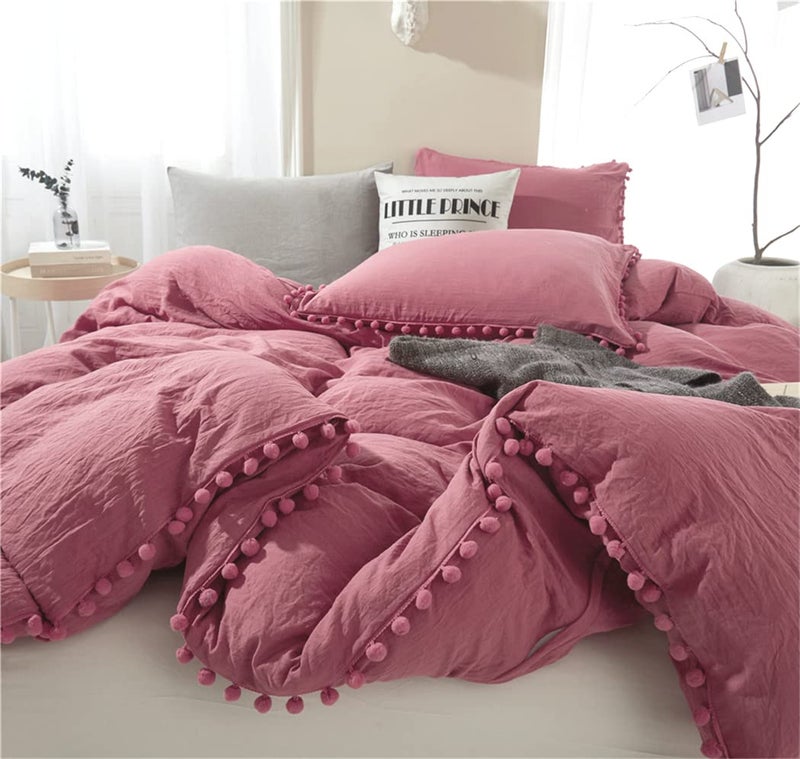 IHOUSTRIY Duvet Cover Full Size100 Washed Microfiber 3pcs Bedding Duvet Cover Set Pom Poms Fringe Solid Color Soft and Breathable with Zipper Closure Corner Ties Dusty Rose Full