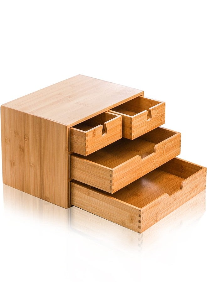 DEAYOU Bamboo Desk Organizer, 100% Natural Bamboo Desktop Drawer Organizer, Tabletop Storage Cabinet Organization Box with 4 Drawers for Makeup, Letter, Home Office Supplies, 3-Layer, Fully Assembled - Image 4