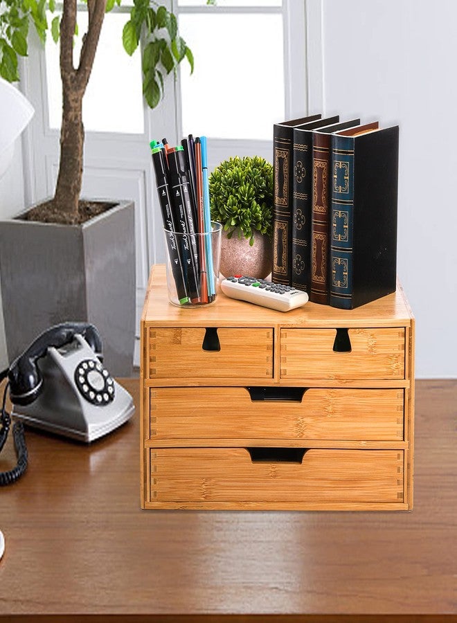 DEAYOU Bamboo Desk Organizer, 100% Natural Bamboo Desktop Drawer Organizer, Tabletop Storage Cabinet Organization Box with 4 Drawers for Makeup, Letter, Home Office Supplies, 3-Layer, Fully Assembled - Image 5