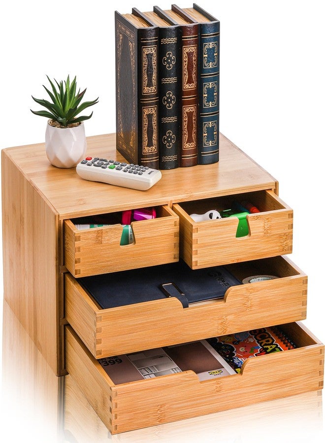 DEAYOU Bamboo Desk Organizer, 100% Natural Bamboo Desktop Drawer Organizer, Tabletop Storage Cabinet Organization Box with 4 Drawers for Makeup, Letter, Home Office Supplies, 3-Layer, Fully Assembled - Image 1