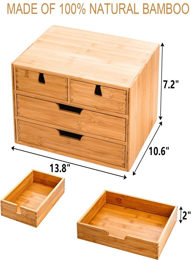 DEAYOU Bamboo Desk Organizer, 100% Natural Bamboo Desktop Drawer Organizer, Tabletop Storage Cabinet Organization Box with 4 Drawers for Makeup, Letter, Home Office Supplies, 3-Layer, Fully Assembled - Image 2