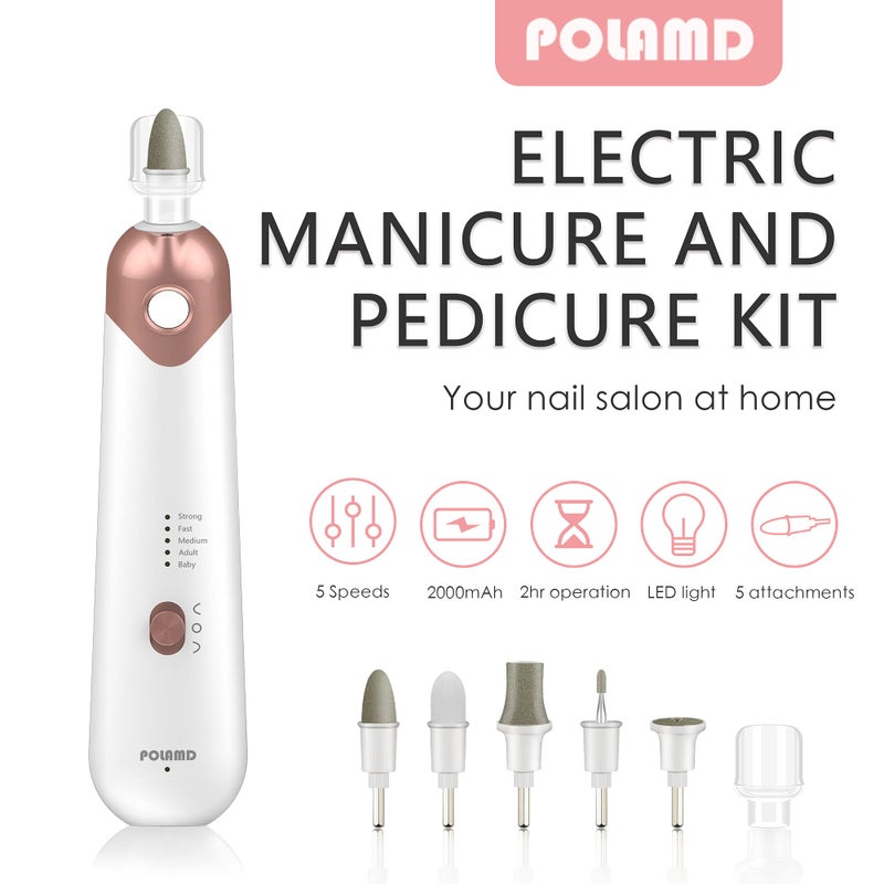 POLAMD Professional Manicure Pedicure Kit, Electric Nail File Set, Cordless Electric Nail Drill Machine, 5 Speeds Hand Foot Care Tool for Nail Grind Trim Polish(White) - Image 2