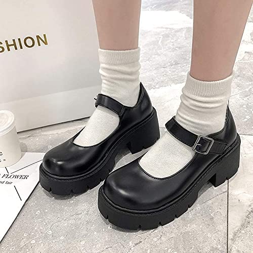 ACE SHOCK Women's Platform Mary Janes Chunky Heel Ankle Strap Uniform Dress Shoes Heeled Gothic Lolita Oxfords (8.5, Single Strap-Matt Black) - Image 2
