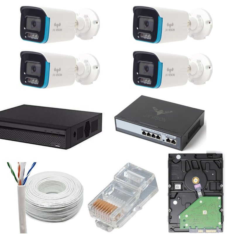 JK Vision نظام كاميرا CCTV JK Vision 5MP IP هجين للرؤية الليلية الملونة ColorVu للمنازل والمكاتب والمدارس 4 كاميرات رصاصية 1TB قرص صلب 8 قنوات POE NVR كابل Cat 6 100 متر BNCDC - Image 1