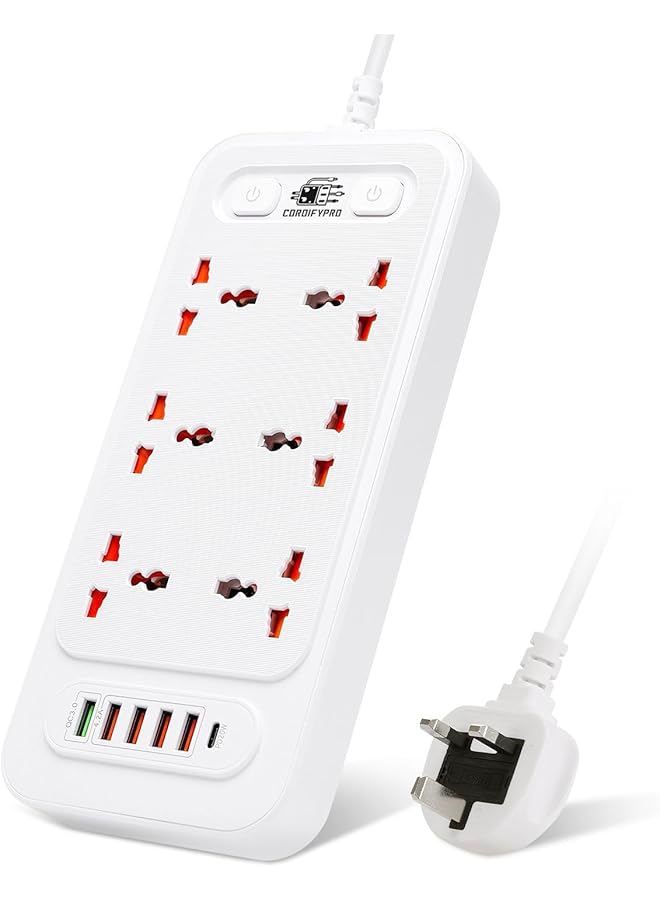 promass Universal Extension Lead with Multiple Function (5 USB Port 4A + 1 QC 3.0) with PD20W Type-C Port, 6 Multi Plug Charging Surge Protector Strip - 2M (White) - Image 1